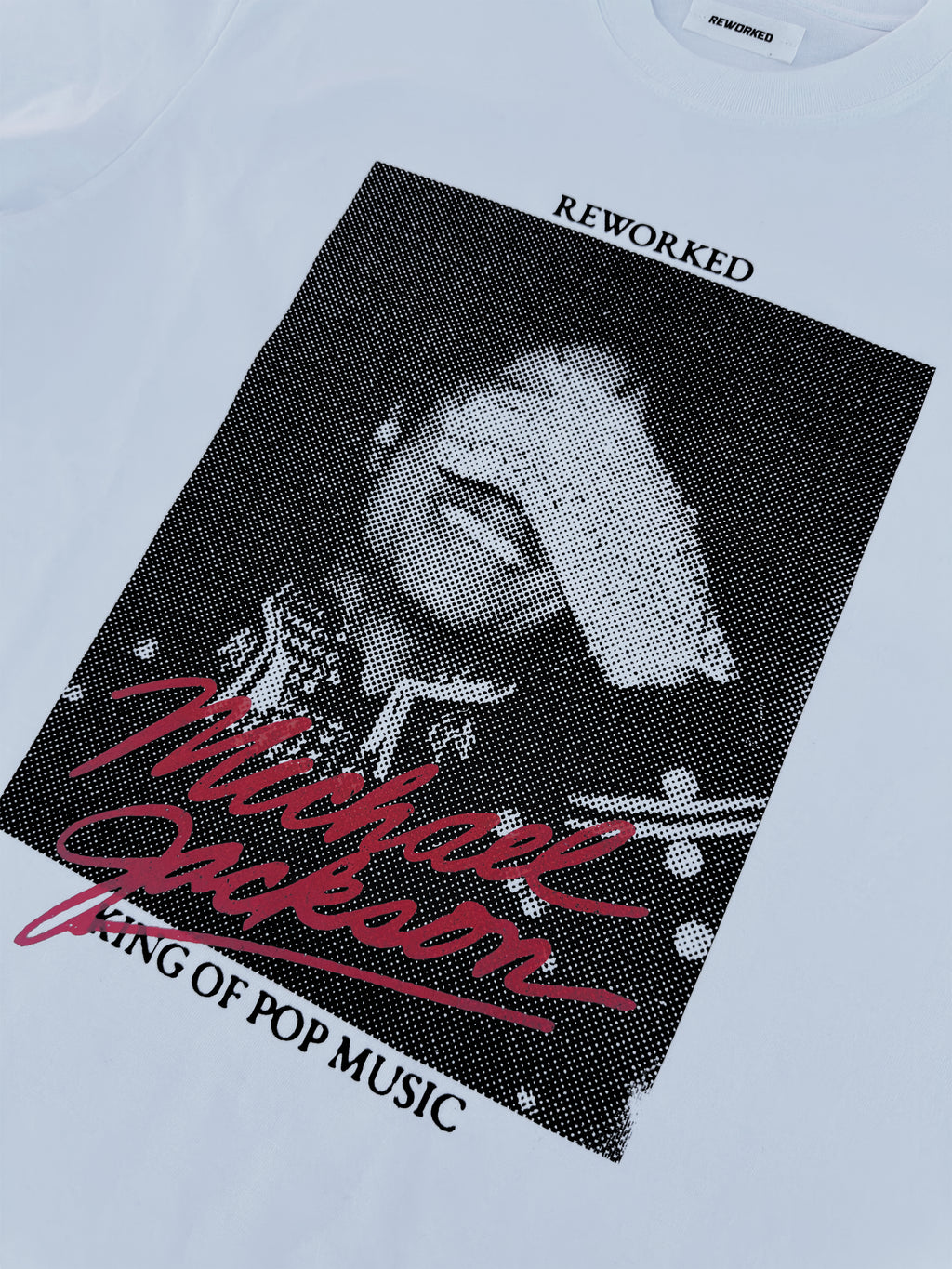 King of Pop Michael Jackson White T-Shirt On Model - Cropped Fit REWORK-ED