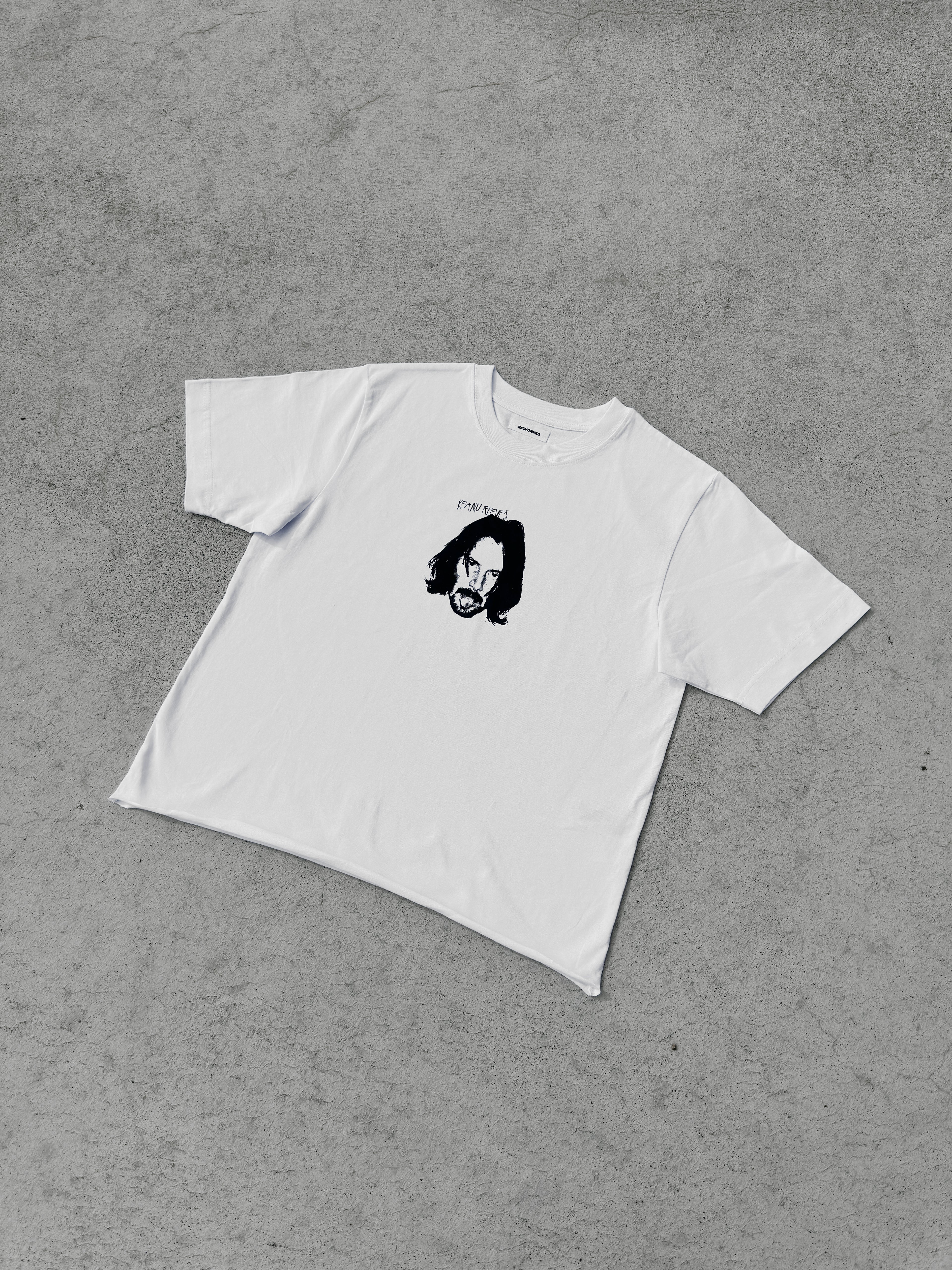 The One Keanu Reeves T-Shirt Raw Cropped Front View Flat Lay - Screen-Printed Handmade Streetwear REWORK-ED