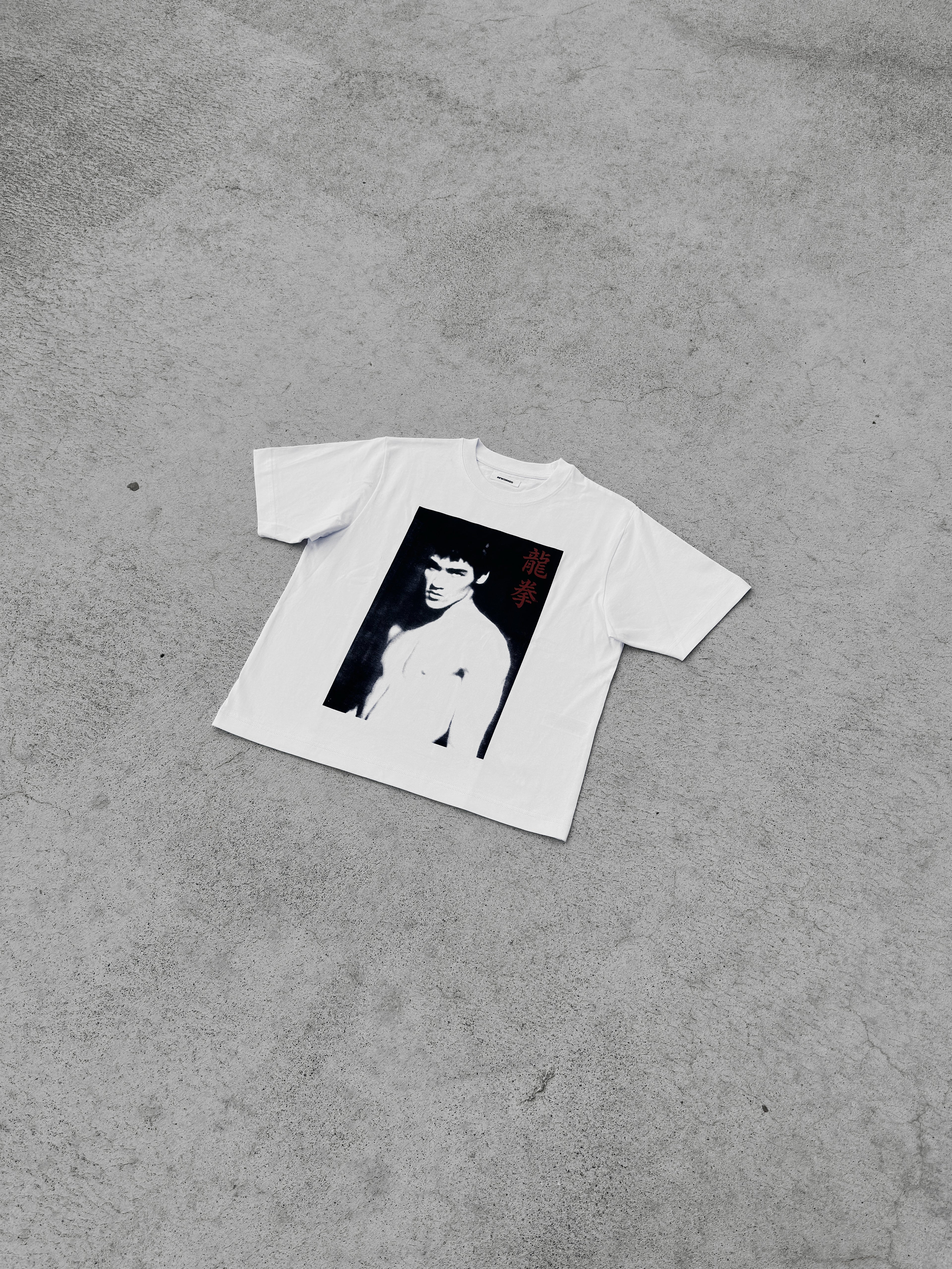 The Master Bruce Lee T-Shirt Front View Flat Lay - Screen-Printed Handmade Streetwear REWORK-ED